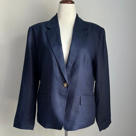 Quince Women’s European Linen Structured Deep Navy Blazer Size L Lined - Picture 2 of 13